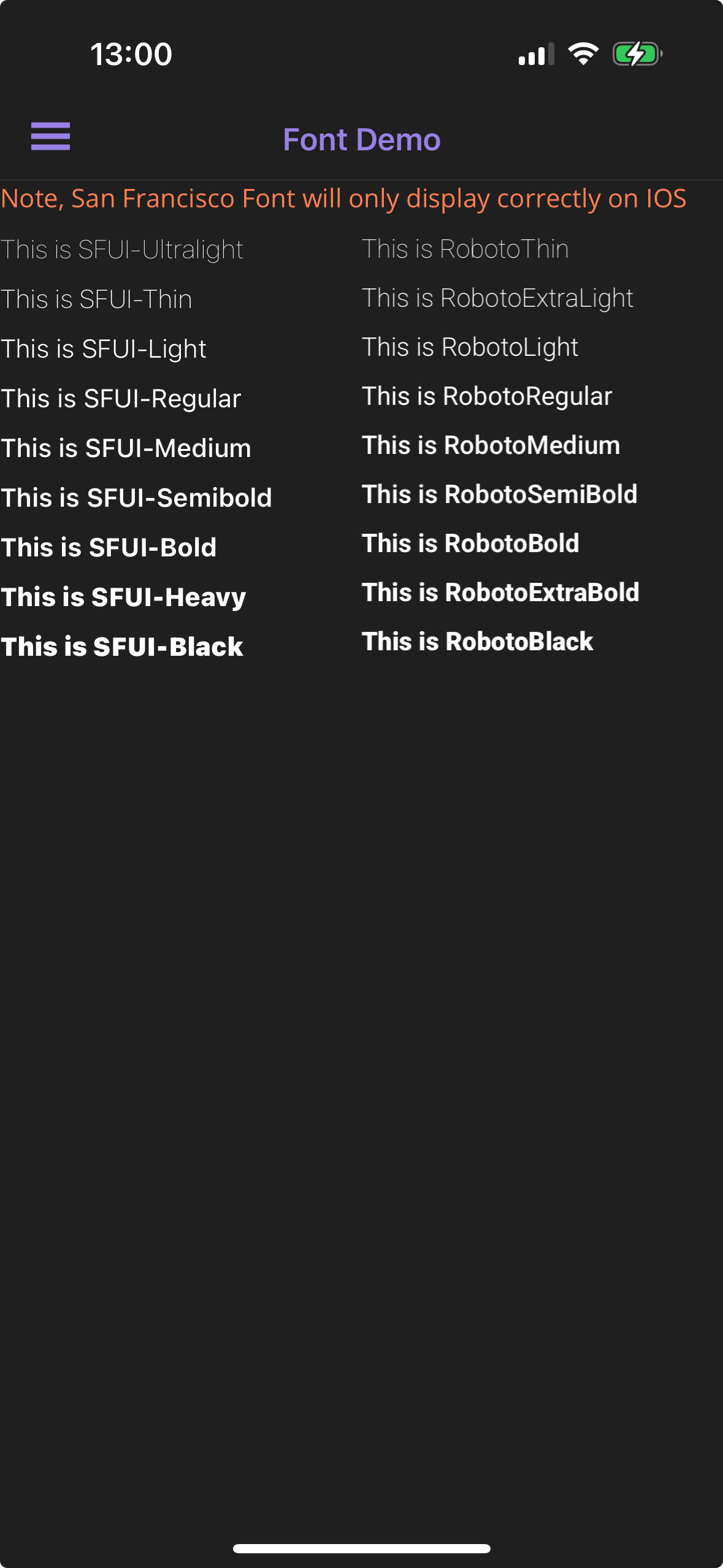 Demo of San Francisco and Roboto fonts side-by-side.