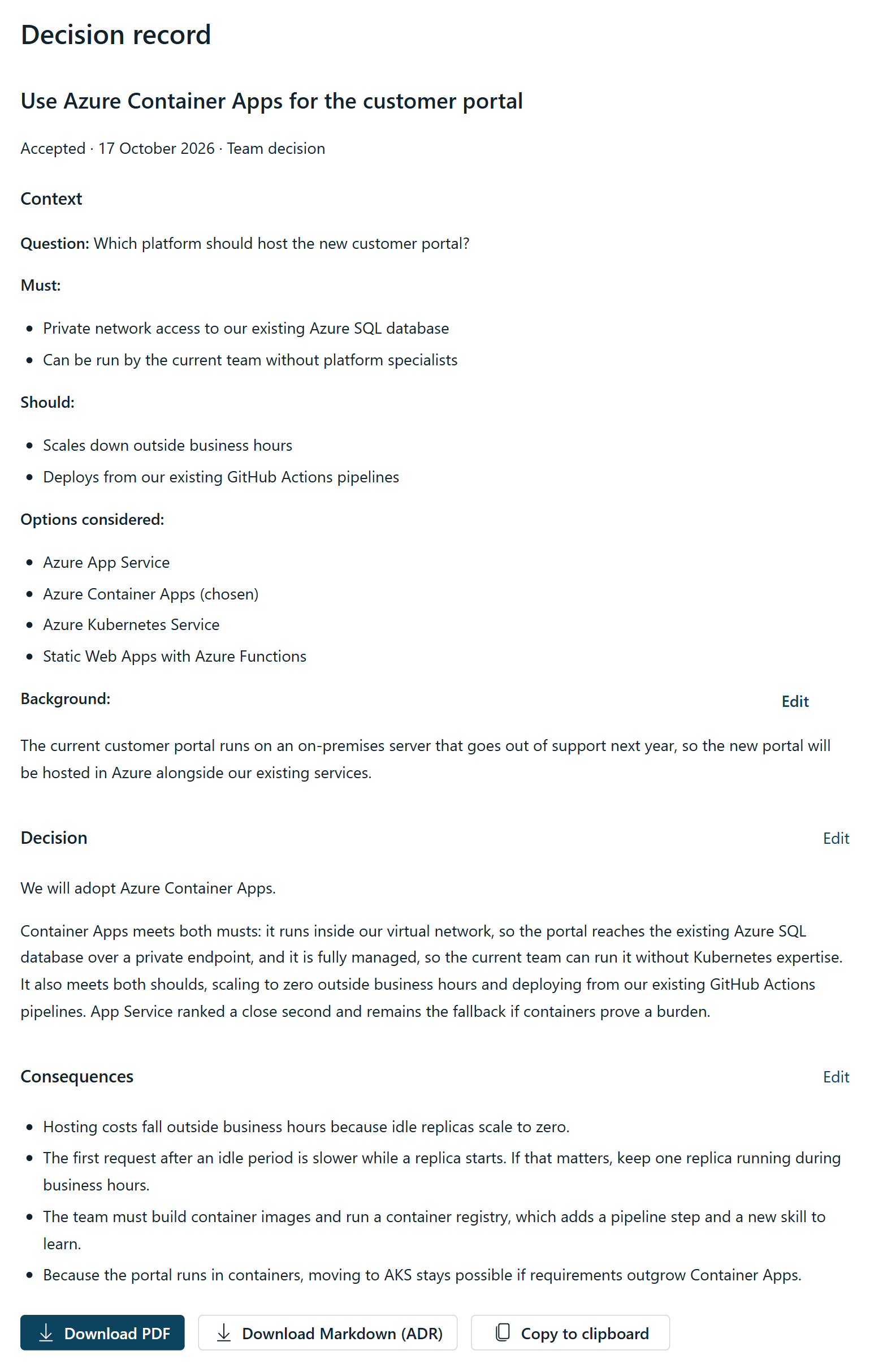 Example decision record: Use Azure Container Apps for the customer portal