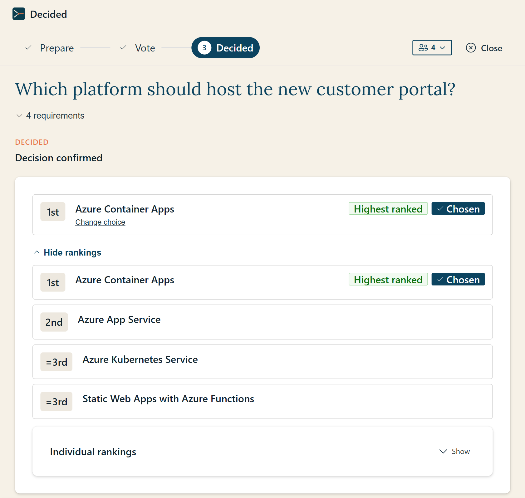 Decided's results screen: the team's ranking for the customer portal question, with Azure Container Apps highest ranked and chosen